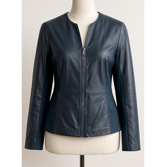 Hal Rubenstein Women’s 2X Blue Genuine Leather Jacket Zip Front Stretch Panels - Picture 1 of 8